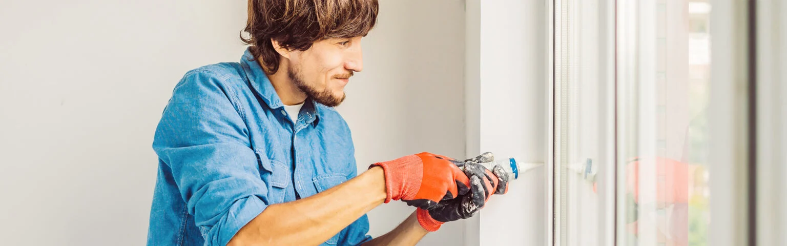 Handwerker dichtet ein Fenster ab